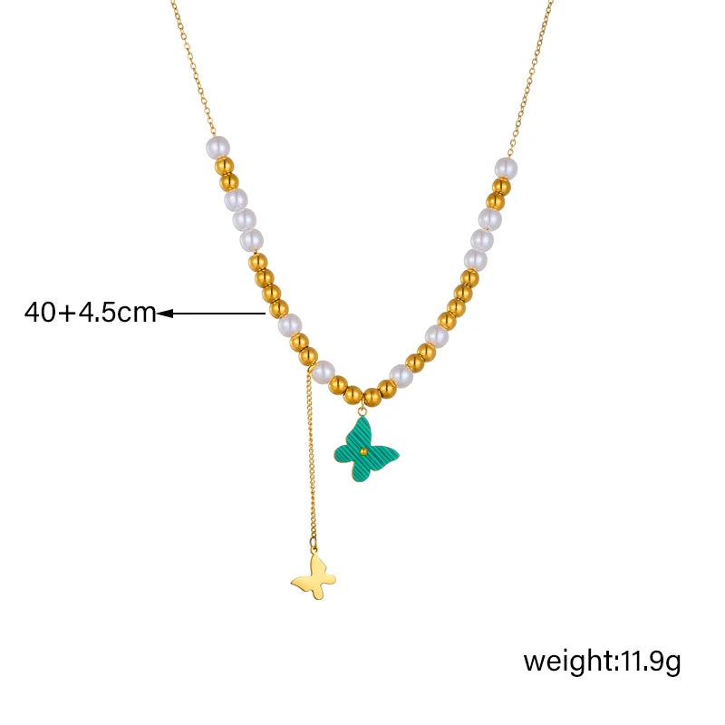 DIEYURO 316L Stainless Steel Green Butterfly Necklace Bracelets Earrings For Women Fashion Beads Chain Jewelry Set Party Gift