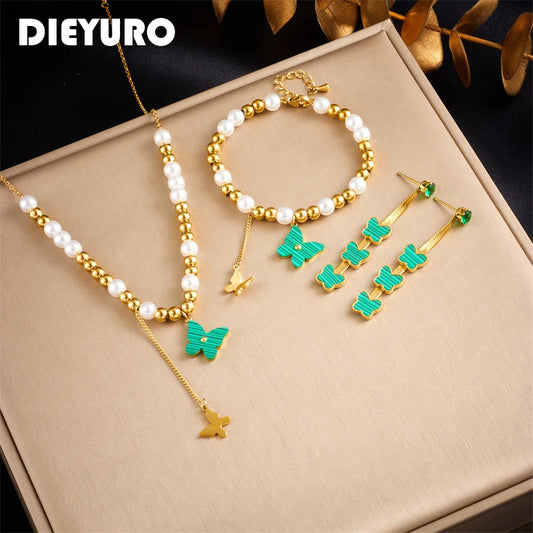 DIEYURO 316L Stainless Steel Green Butterfly Necklace Bracelets Earrings For Women Fashion Beads Chain Jewelry Set Party Gift