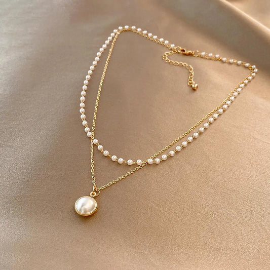1 set of white large pearl multi-layer retro style women's titanium steel plated 18k gold necklace